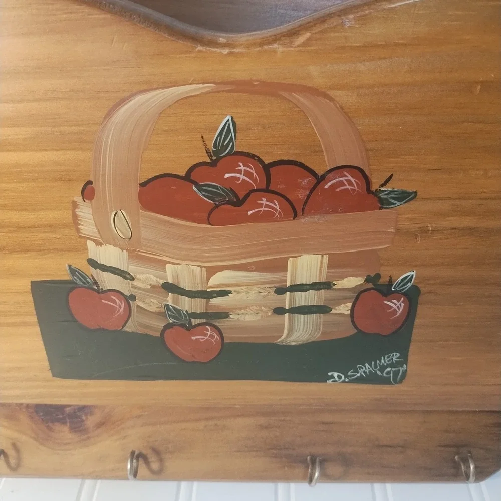 Vintage Wood Apple 2 Slot Wall Mail Bill Sorter Hanging Key Rack Cottage Rustic